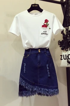 

Fashion Women 2 Pieces Set Rose Embroidered short sleeve T-shirt+tassel denim skirt Summer Vintage Casual Female Denim Skirt Set