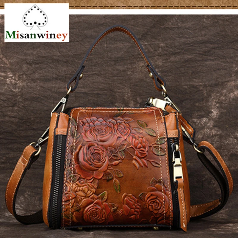 

Casual Tote Bag Women's Genuine Leather Handbags Flower Embossed Female Messenger Bag Ladies Cross Body Bags Porte Monnaie Femme