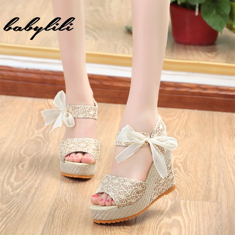 

2019 Women Sandals Summer Wedges Women's Sandals Platform Lace Belt Bow Flip Flops Peep-toe high-heeled Women shoes Female