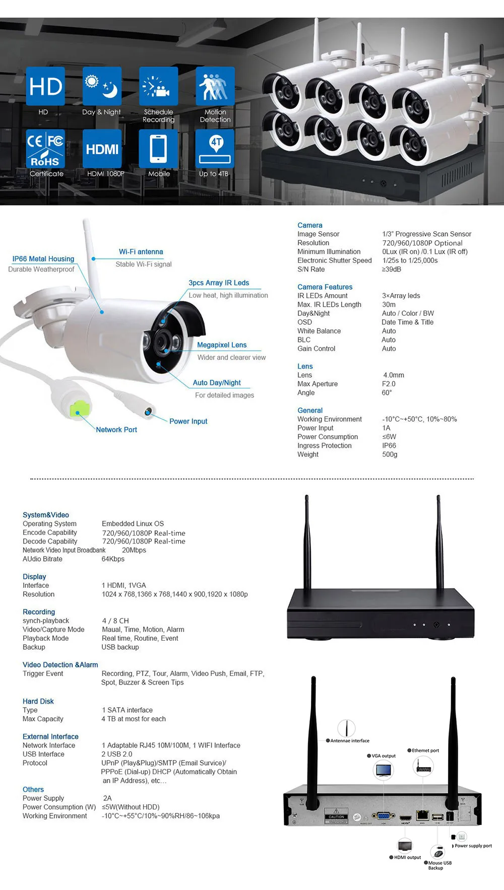 8CH WiFi NVR наборы открытый HD 960 P комплект ip-камеры ИК Ночное Видение видеонаблюдения безопасности Системы 1.3MP беспроводные экраны Onvif