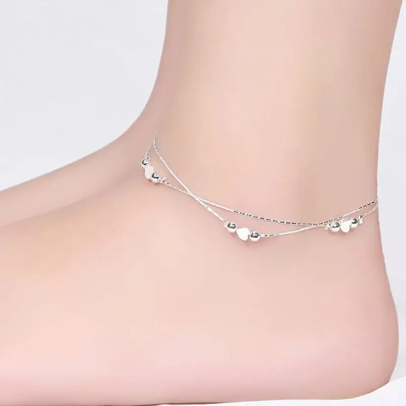 Новинка для женщин с сердцем дизайн посеребренные украшения для ног двухслойные летние ножные браслеты Пляжные Сандалии ножной браслет