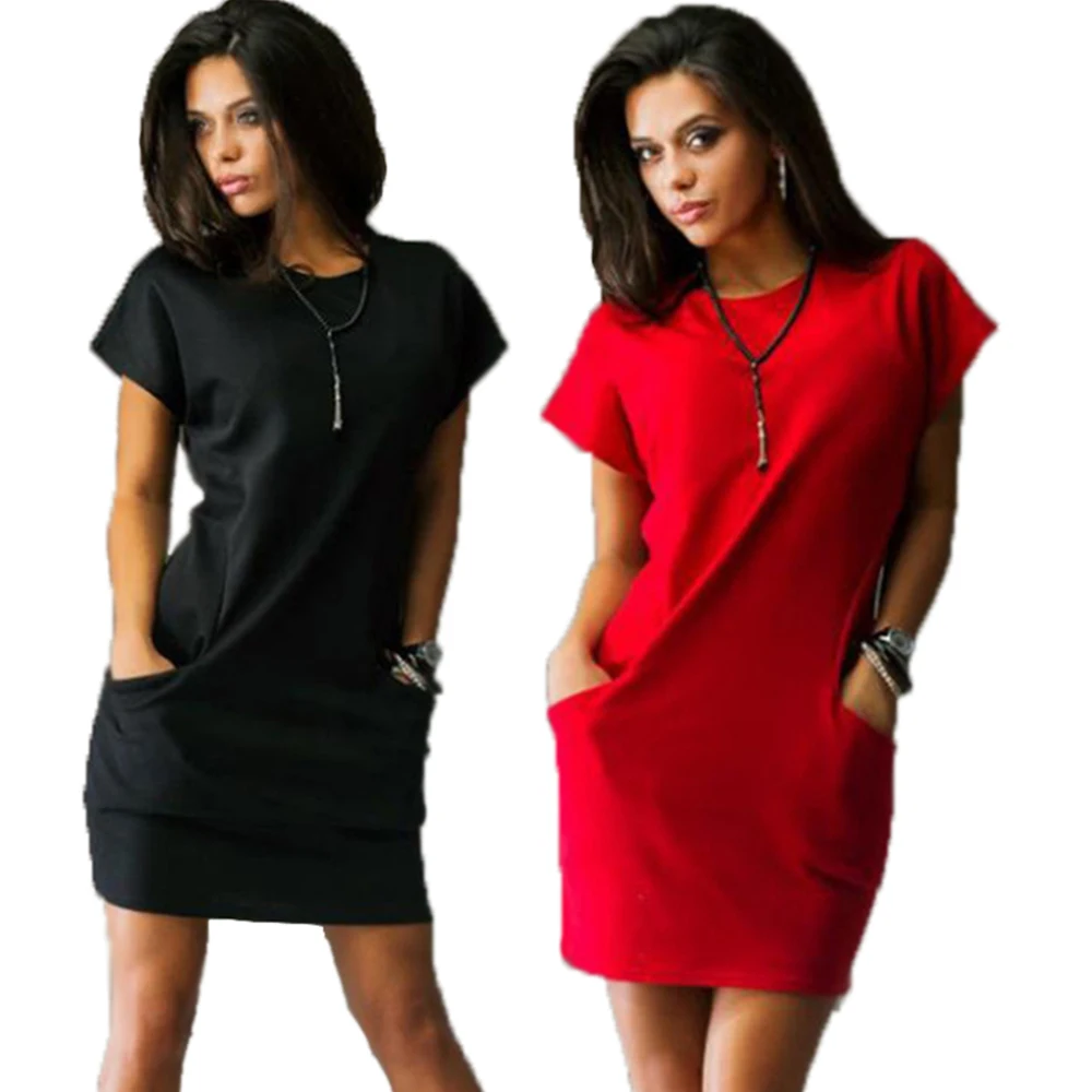 Solid Formal Office Dress for Women Pockets Short Sleeves Pencil Mini