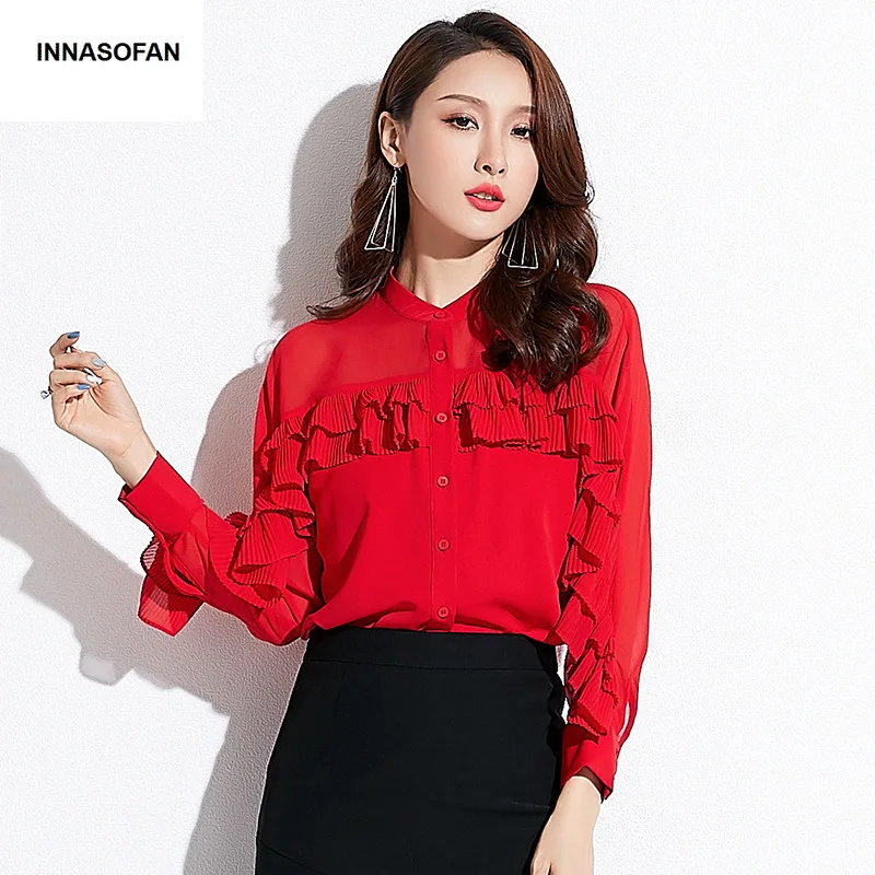 INNASOFAN OL Women's shirt Spring-summer chiffon blouse Euro-American fashionable chic long-sleeved shirt and shuttlecocks