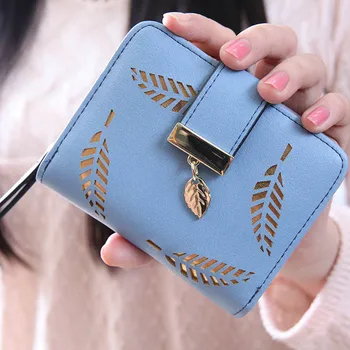 

2019 New Fashion Female Wallet Short Paragraph Hollow Gold Leaf Small Purse Large Capacity Wallets Carteira Feminina OH66