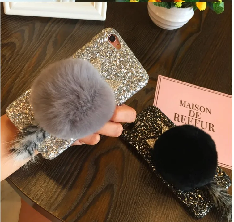 BotexBling new DIY Cute rabbit tail hair ball Glitter hard case for iphone X case 8 8plus 7 7plus 6 6s plus 6plus tassel cover