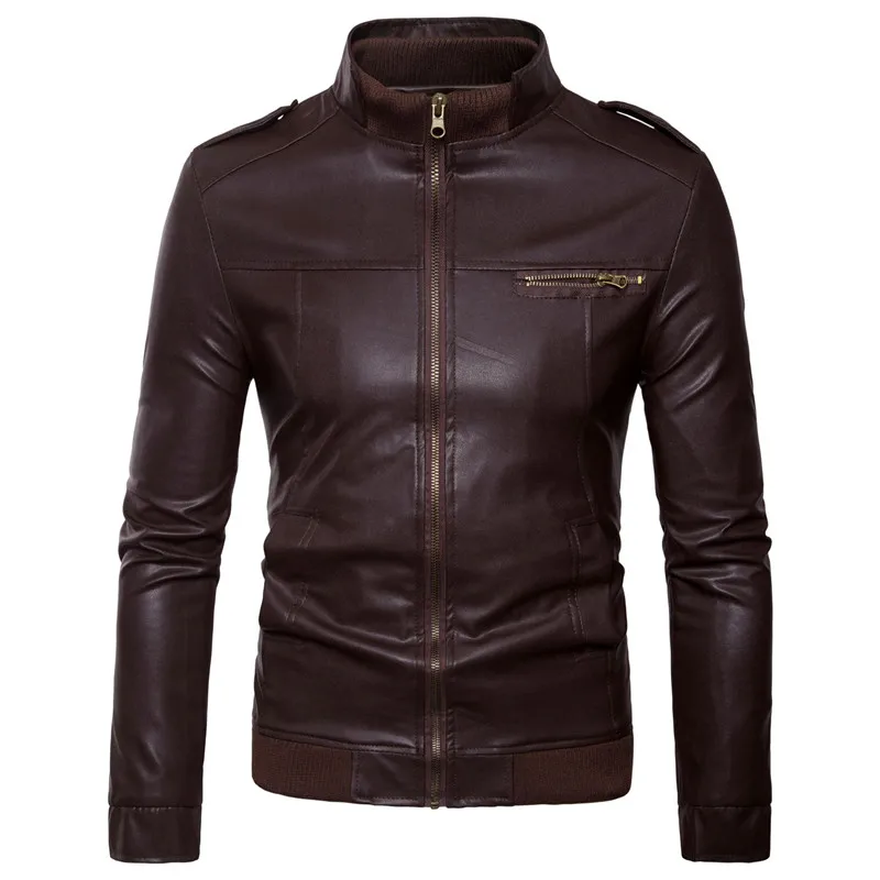  Leather jacket men's fashion horizontal zipper short slim leather jacket men's stand collar casual 