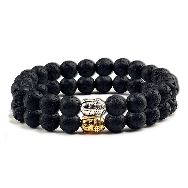 

8mm Gold Silver Buddha Head Prayer Bracelets Simple Classic Natural Lava Stone Beaded Bracelet Men Women Friends Gifts Jewelry