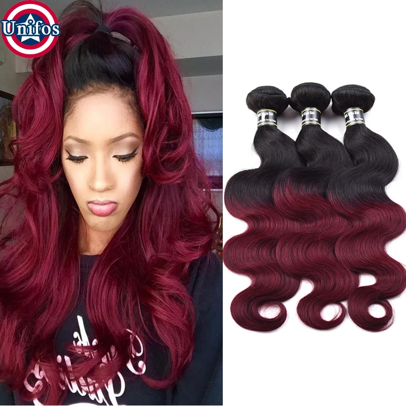 

Ombre Burgundy Human Hair Extensions 1B 99j Ombre Brazilian Body Wave Hair Weave Bundles Ombre Red Wine Color 3 Bundles Unifos