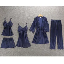 5 шт./компл. Для женщин женская сексуальная сатиновая Ночная сорочка шелковое Ночное платье халат кимоно Ночная рубашка набор нижнего белья пижамы ночной халат de nuit femme