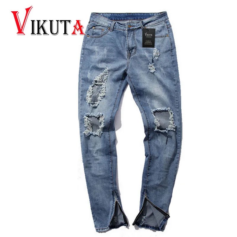 

hip hop pants kanye west mens jumpsuit frazzle fashion designer brand zipper light blue skinny distressed jeans for men  VC2943