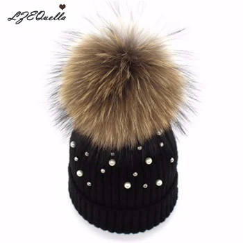 

LZEQuella Women Beanies Raccoon Fur Pom Poms Wool Hat Beanie Pearl Knitted Skullies Fashion Caps Ladies Knit Cap Winter Hats