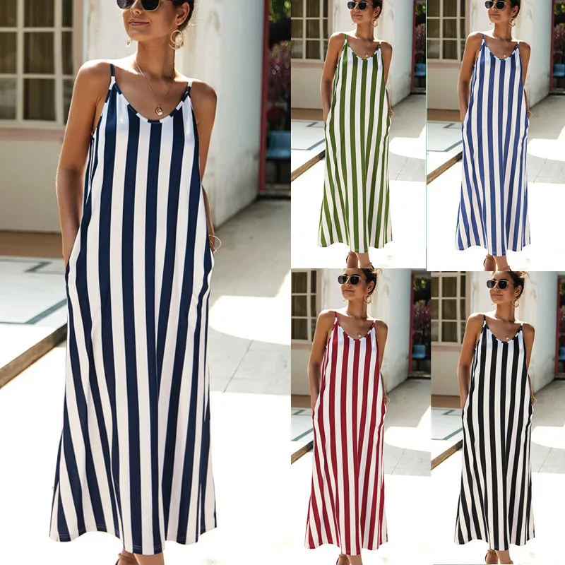 

Summer Long Dress Women Stripe Printing Sleeveless Off Shoulder Dress Evening Party Vest Empire Sashes Dress Women 2019