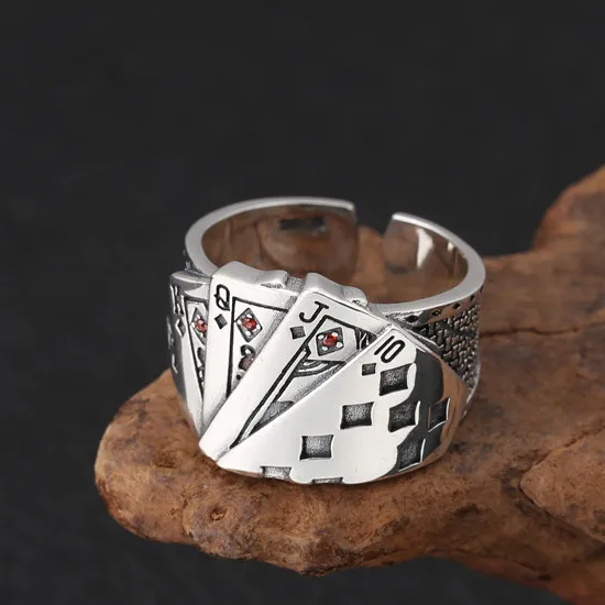 

Fashion Pure Silver 925 Cards Chunky Rings For Men Women With Red Stone Thick Oxide Sterling Silver 925 Cool Original Rings Gift