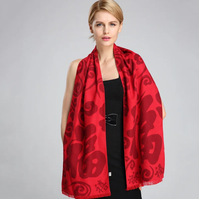 Luxury Chinese characters red silk scarves for women cashmere scarf ...