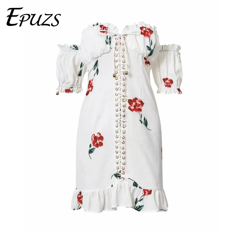 Summer Dress Vintage Sexy Lace Up Floral mini Dress elegant party Ruffle dress puff Sleeve Strapless bodycon Beach Dress - Color: White