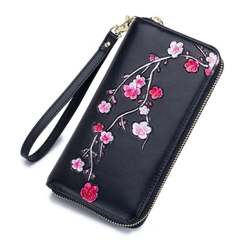 

New Hand-Painted Plum Flower Genuine Leather Women Long Wallet Female Ladies Clutch Money Bag Coin Purse Phone Pocket Portomonee