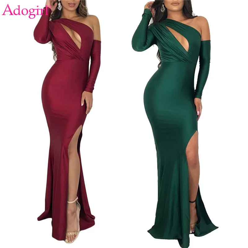 one shoulder high slit dress