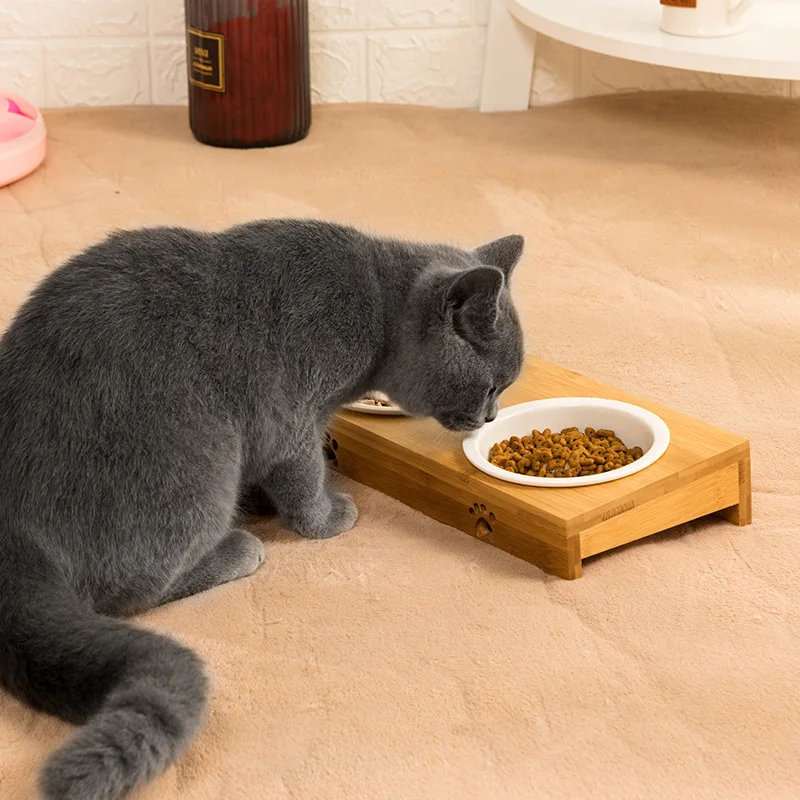 Модные Керамика миска для кошки бамбуковая стойка двойная собачья миска чаша Автоматическая миска для животных продукты кормушки для домашних животных