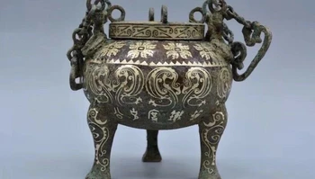 

Antique Warring States bronze silver plated ears tripod Home office decoration
