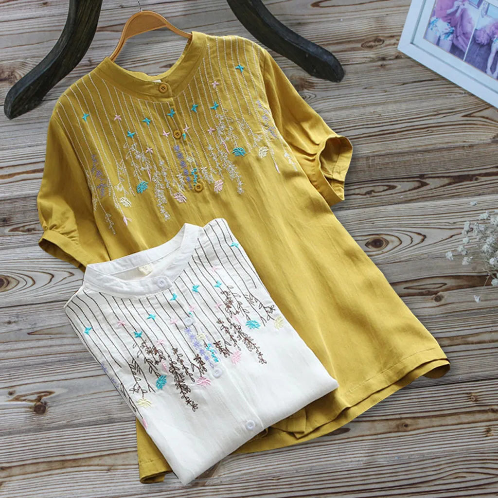

Women Vintage Embroidery blouse Casual Button Short Sleeve Linen Top Shirt Blouse womens tops and blouses camisas mujer NEW