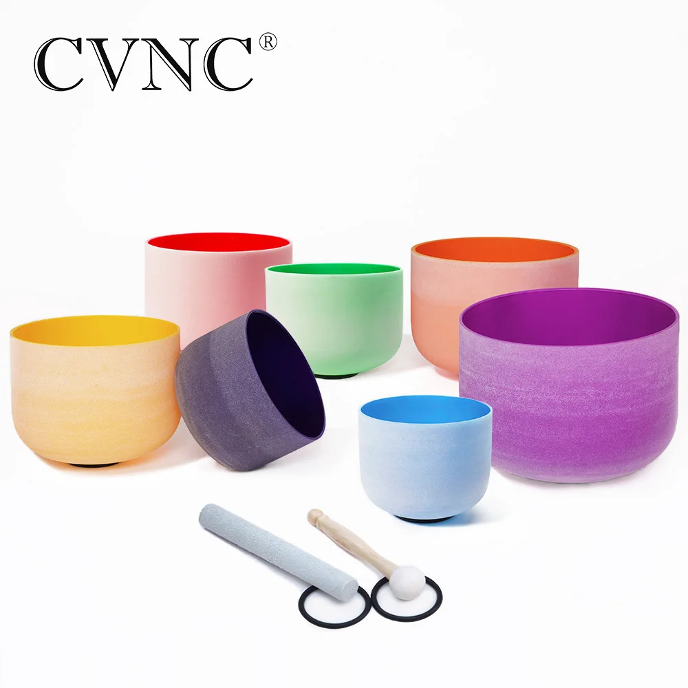 CVNC 8" 12" Tuned Set of 7 Colored Frosted Quartz Crystal Singing Bowl
