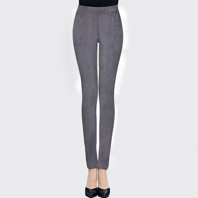 2017 spring suede leather women pants stretch mid waist large elastic slim retro suede pants for 