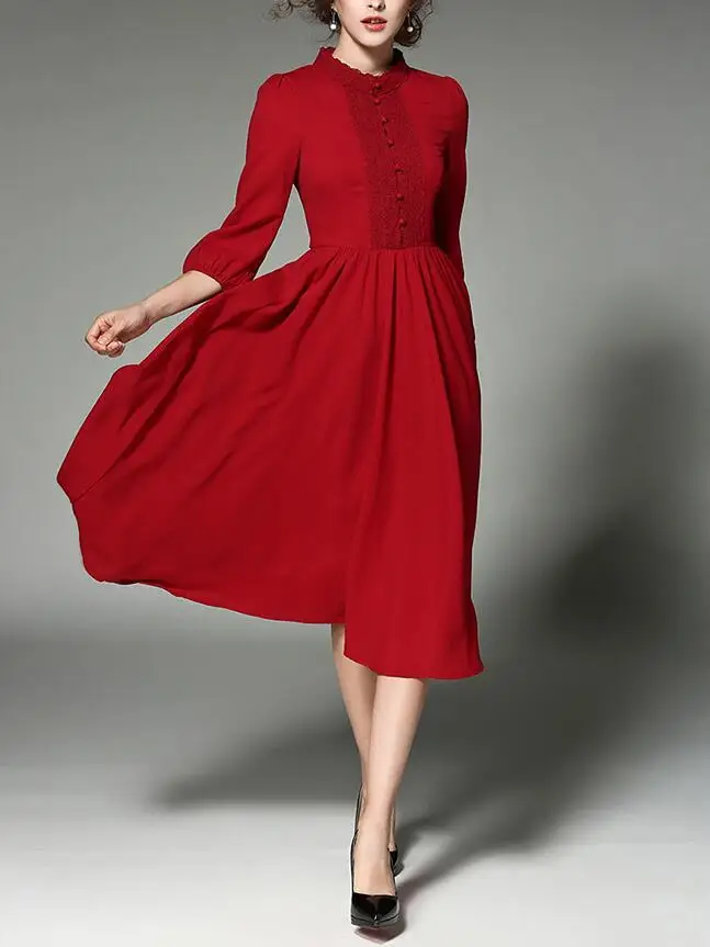 Women's Aline Dress Stan Collar Sleeve Lace Solid Chiffon Dressin Dresses from Women's