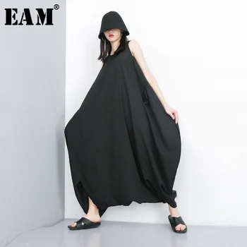 

[EAM] 2020 New Spring Autumn High Waist Black Big Size Split Joint Loose Wide Leg Pants Women Jumpsuit Fashion Tide JT171