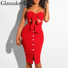 Glamaker סטרפלס חלול החוצה סתיו סקסי נשים שמלה אדום bodycon פיצול midi המפלגה שמלת אלגנטי שחור מועדון כפתור מזדמן שמלה(China)