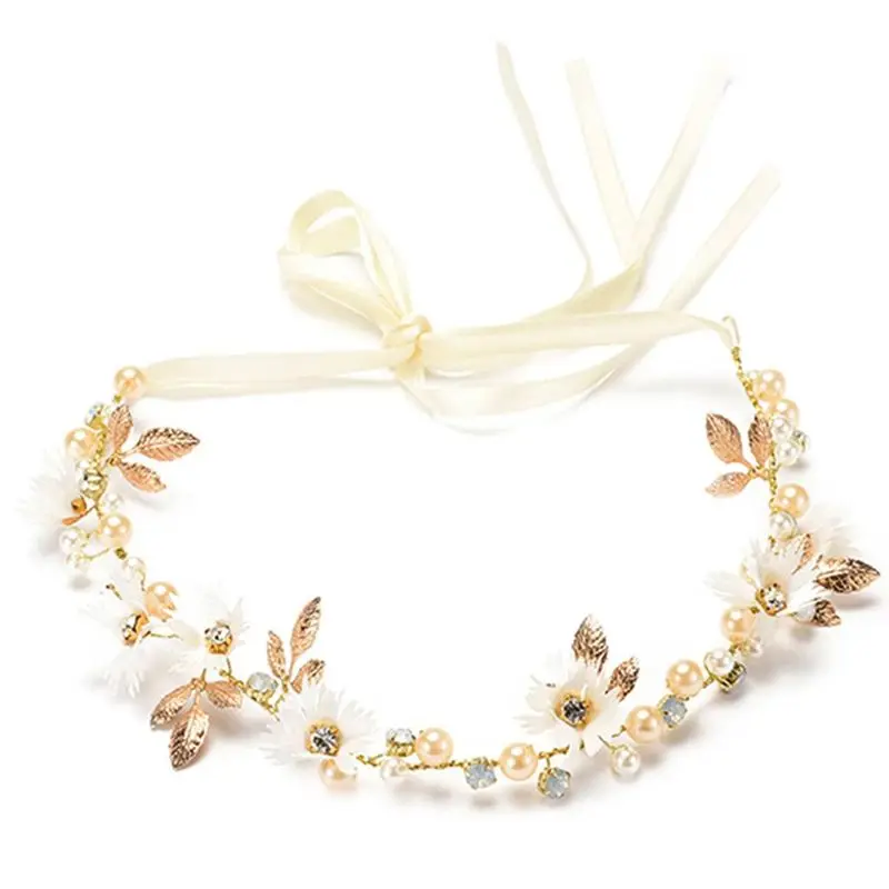 

Ladies Wedding Bridal Artificial Daisy Floral Headband Metallic Leaves Imitation Pearl Hairband Rhinestone Beaded Party Crown