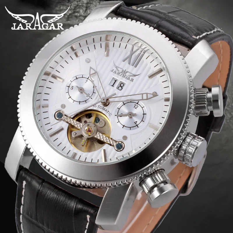 

Jargar Men' Watch Automatic Mechanical Tourbillon Leather Crystal Analog Army Wristwatch Color White