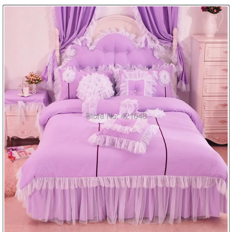 Фиолетовый/розовый/синий Корейский кружевной набор постельных принадлежностей принцессы 3/4 шт для девочек двойной полный размер королева кровать юбка