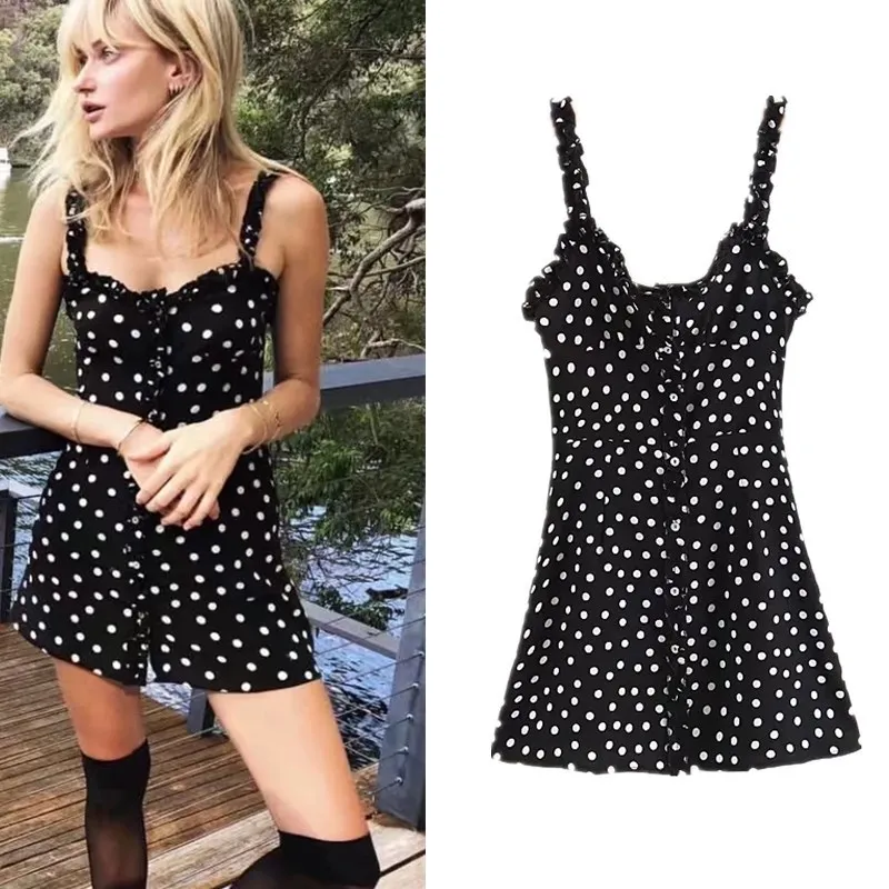 

European and American style 2019 spring and summer new women's wave point wooden ear strap Female dress