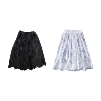 

Womens Sexy Hollow Out Sheer Floral Lace Elastic Waistband Midi Overlay Flare Skirts Solid Color Pleated Eyelash Trim Wedding Pa