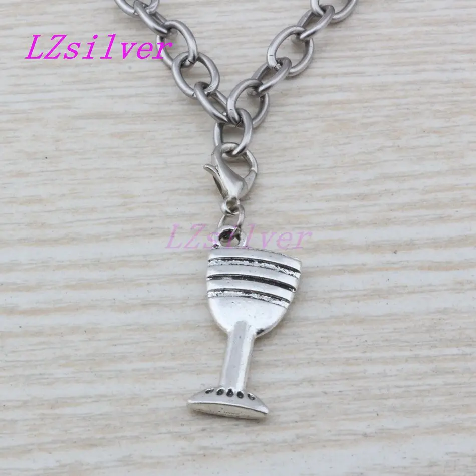 50pcs Tibetan Silver Zinc Alloy Goblet Wine Glass Cup Charms With Lobster Clasp Fit Charm Bracelets DIY Jewelry 12x42mm A-112b
