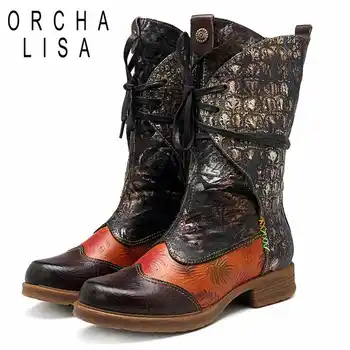 

ORCHA LISA top quality genuine leather Shoes lace up Autumn mid-calf boots mixed Flower pattern boots Women botas feminino J479