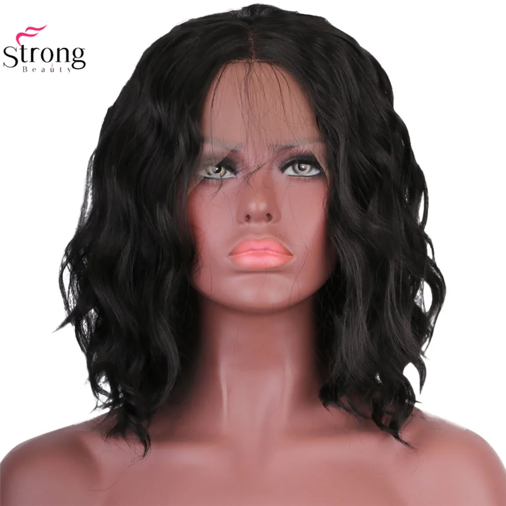 StrongBeauty 14" Synthetic Lace Front Wig For Women Short Wavy Hair Bob Black Wigs Baby Hair