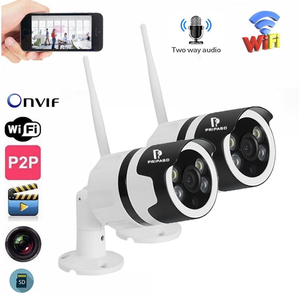 

Pripaso Surveillance Camera 2 Pack Outdoor Full Color Night Vision Wifi Camera IP66 Wireless CCTV Camera CamHi APP
