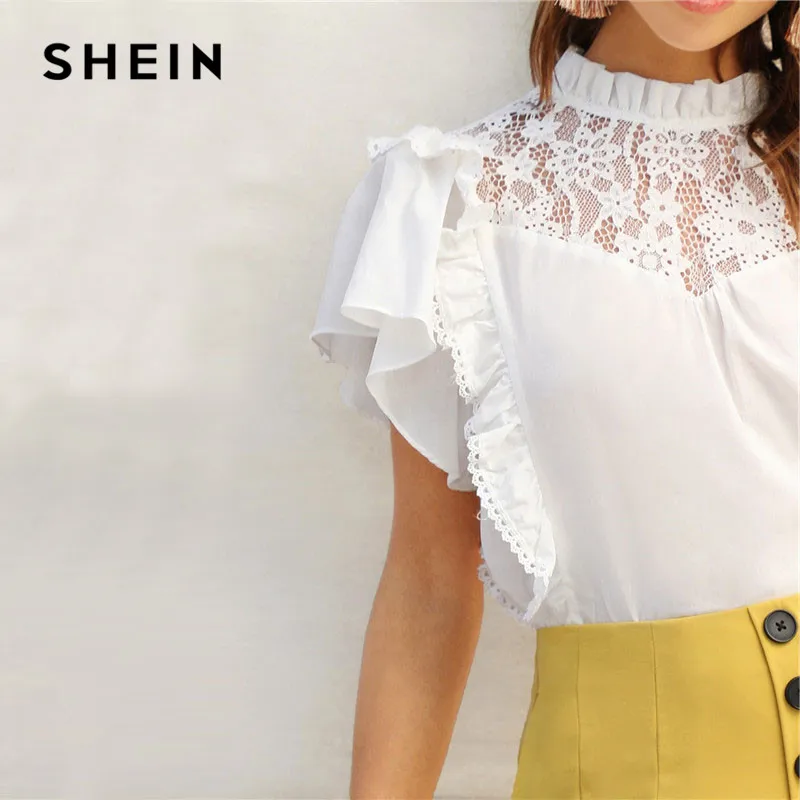 SHEIN Топ С Оборкой И Кружевом Летняя Блузка Кружевной Вставкой Коротким Рукавом| |
