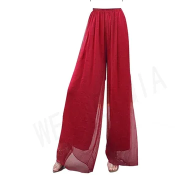 

Summer Beach Pants Vacation Loose Large Size High Waist Skirt Trousers Gold Silk Chiffon Pants Wide Leg Pants Trousers K26