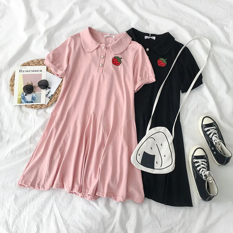 

sweet lolita dress 2019 mori girls summer Japanese Harajuku style short sleeve pink black strawberry embroidery dress