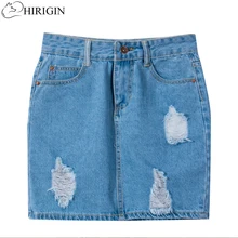 HIRIGIN женская джинсовая юбка с завышенной талией джинсовые юбки женские Мини Saia потертая Повседневная облегающая юбка-карандаш рваные потертые мини-юбки