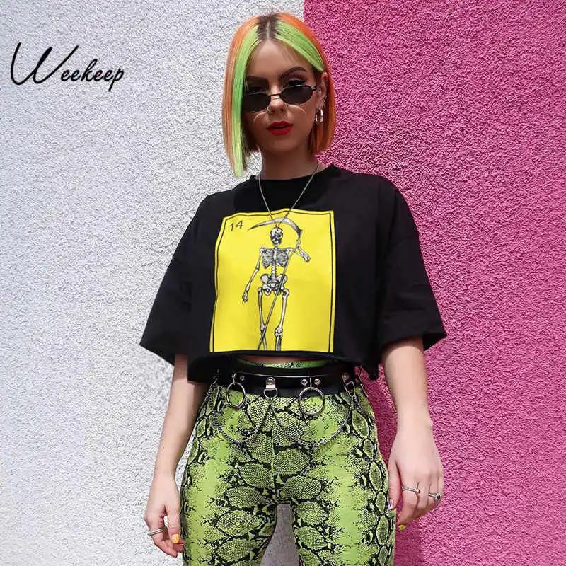 

Weekeep Loose Printed Black O-neck tshirt Women Streetwear Short Sleeve Cropped t shirt Summer Fashion Tee Shirt Femme Crop Top