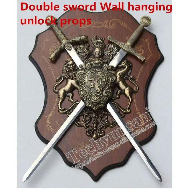 

Double sword Wood wall hanging board props put on sword to open the lock to survive Game props for escape from mysterious room