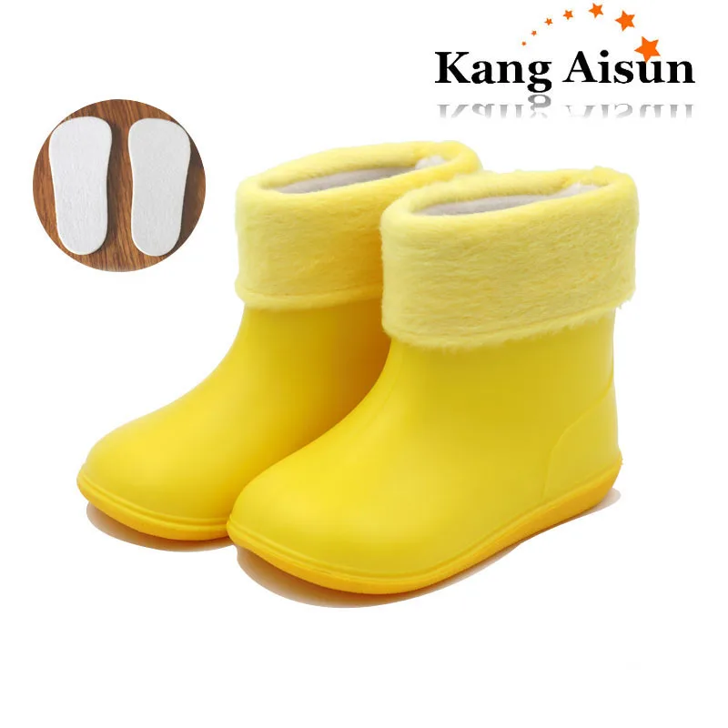 Дизайн; детские резиновые сапоги; нескользящие резиновые сапоги для маленьких девочек; Водонепроницаемая Обувь для мальчиков; детские резиновые сапоги со съемными теплыми носками - Цвет: yellow with socks