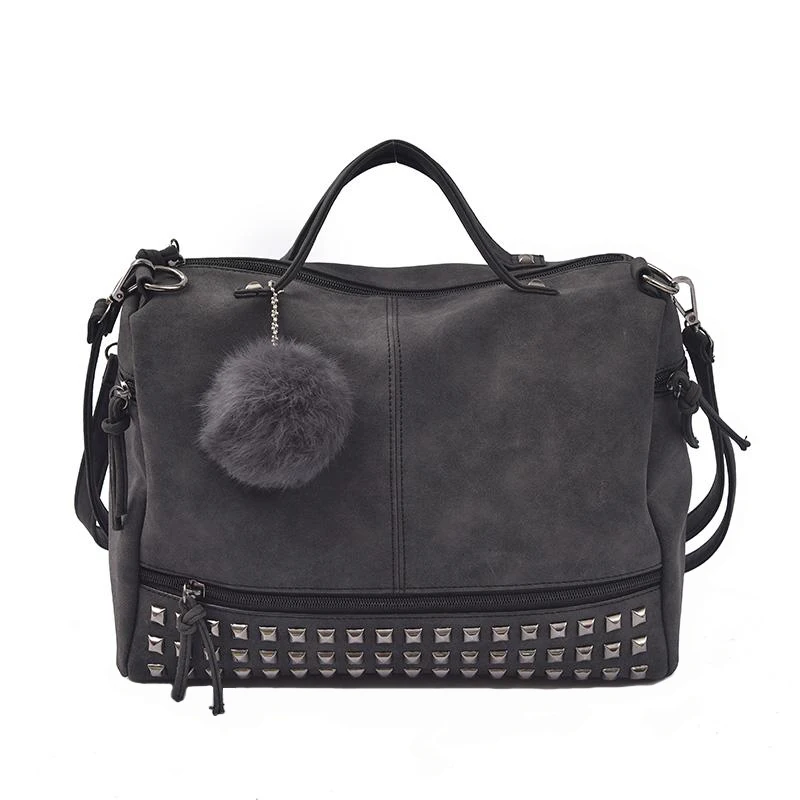 Women Shoulder Bag PU Leather Vintage Female Top-handle Bags Rivet Design Large Ladies Pompon Handbags Girls Bags Bolsa SS0344 (2)