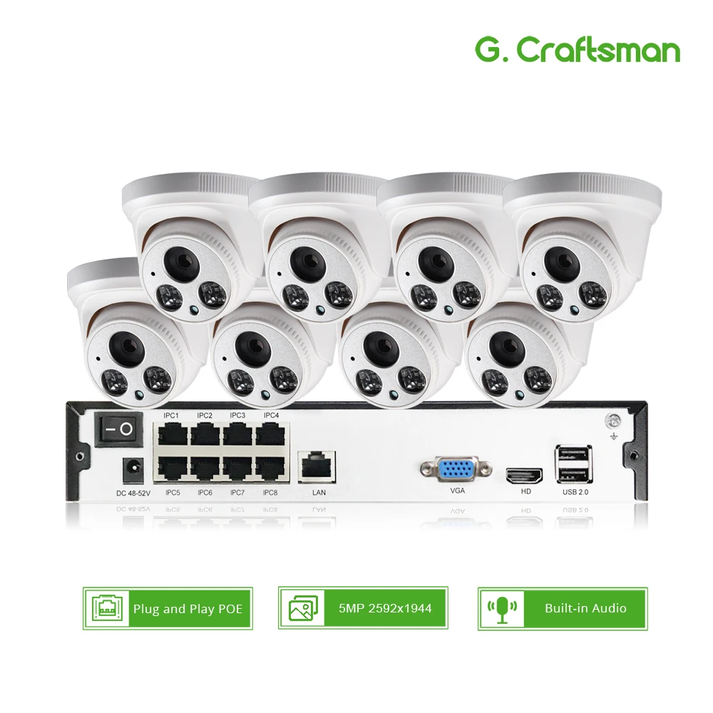 8ch 5MP с аудиовходом PoE Комплект H.265 Системы CCTV безопасность NVR до 16ch 5MP Indoor ИК ip-камера видеонаблюдения DIY G. Craftsman