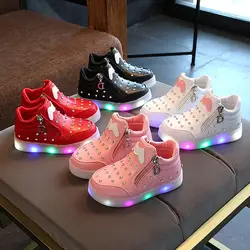 Новый 2018 Hook & Loop унисекс для мальчиков и девочек сапоги светодиодный освещенные молния со стразами детская повседневная обувь Лидер продаж