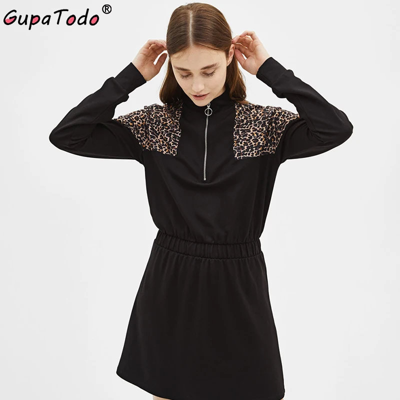 

Women Style Leopard Print Patchwork Mini Dress Elastic Waist Animal Pattern Long Sleeve Female Casual Dresses Vestidos 2019 New