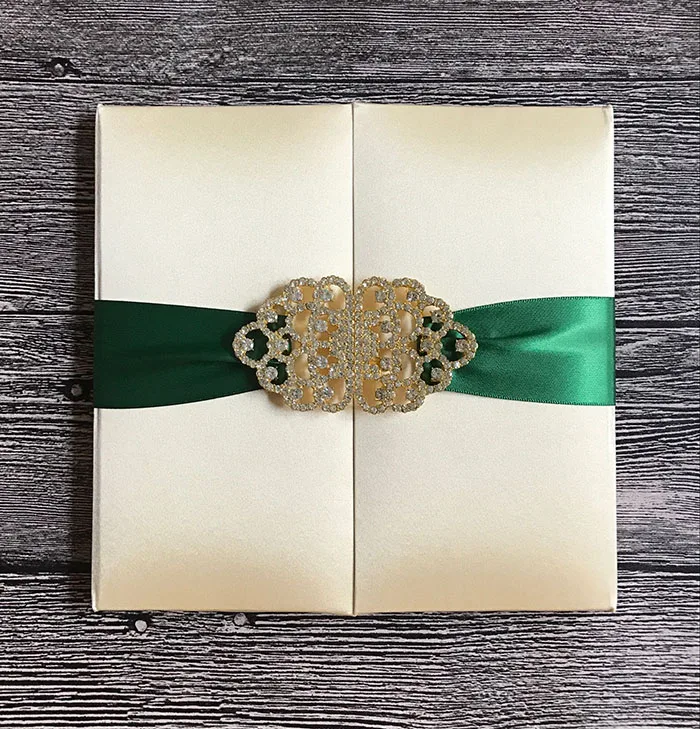  Luxury silk folio wedding invitation with gold stunning rhinestone embellishment - 32828193777